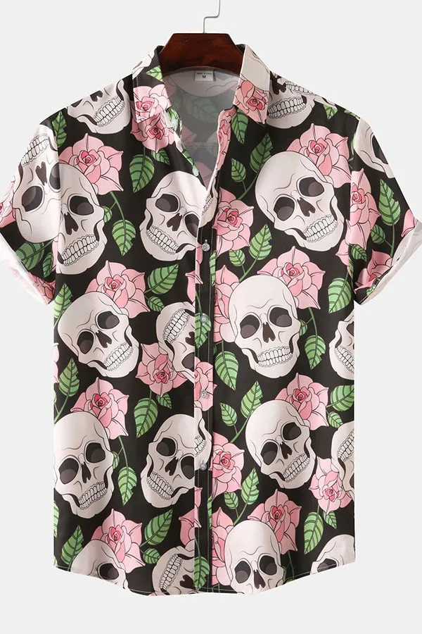 Skull Rose Print Button Up Shirt