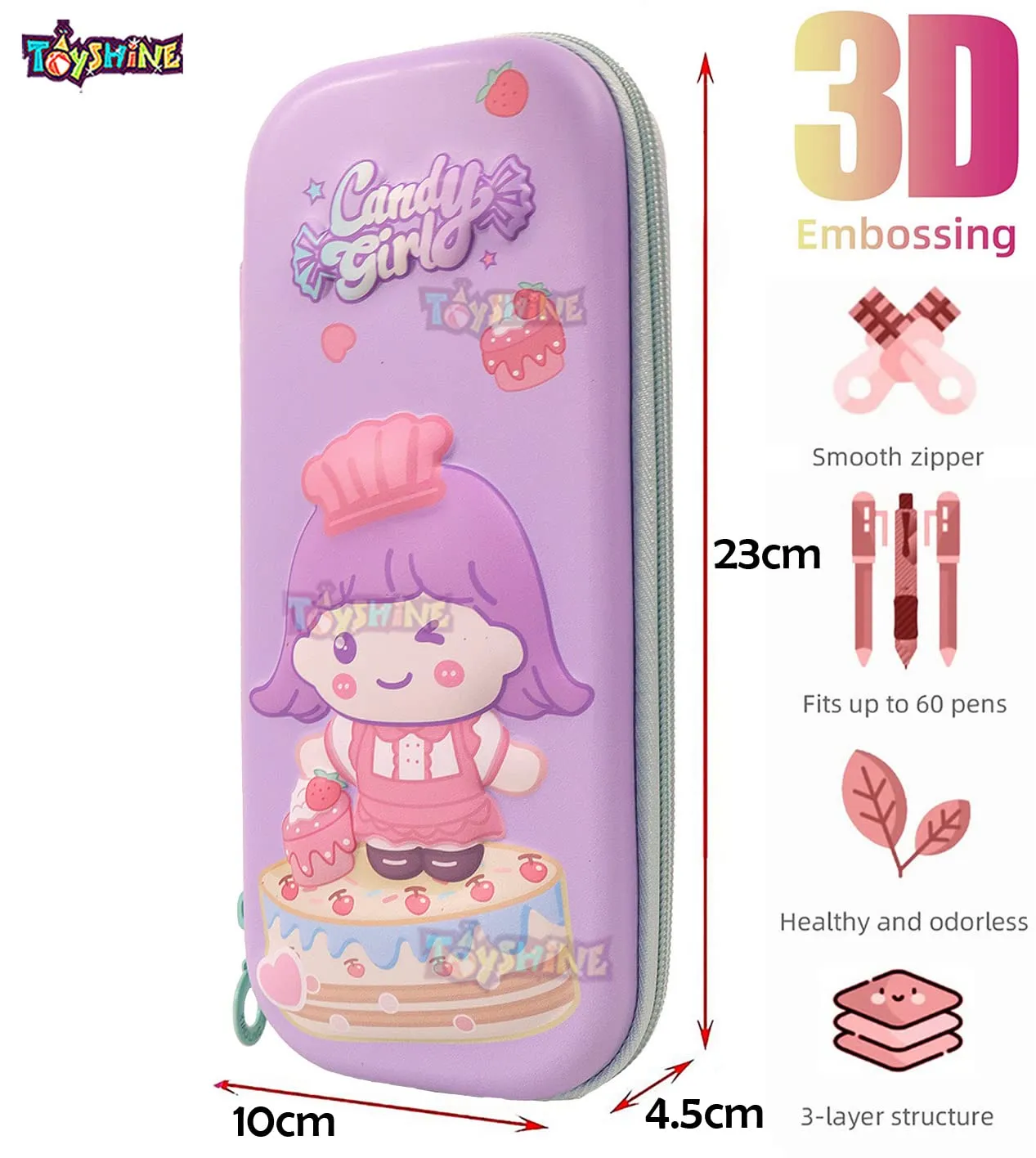 Toyshine Candy Girl Hardtop Pencil Case with Multiple Compartments - Kids School Supply Organizer Students Stationery Box - Girls Pen Pouch- Purple