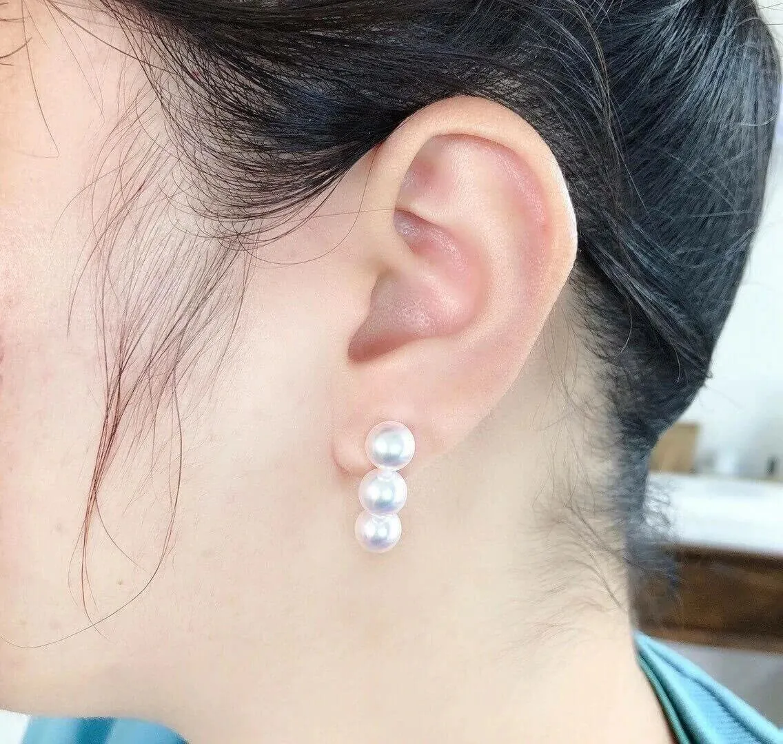Tri-Pearl 7.5-8.0 mm Japanese Akoya Pearl Stud Earrings in 18K Gold