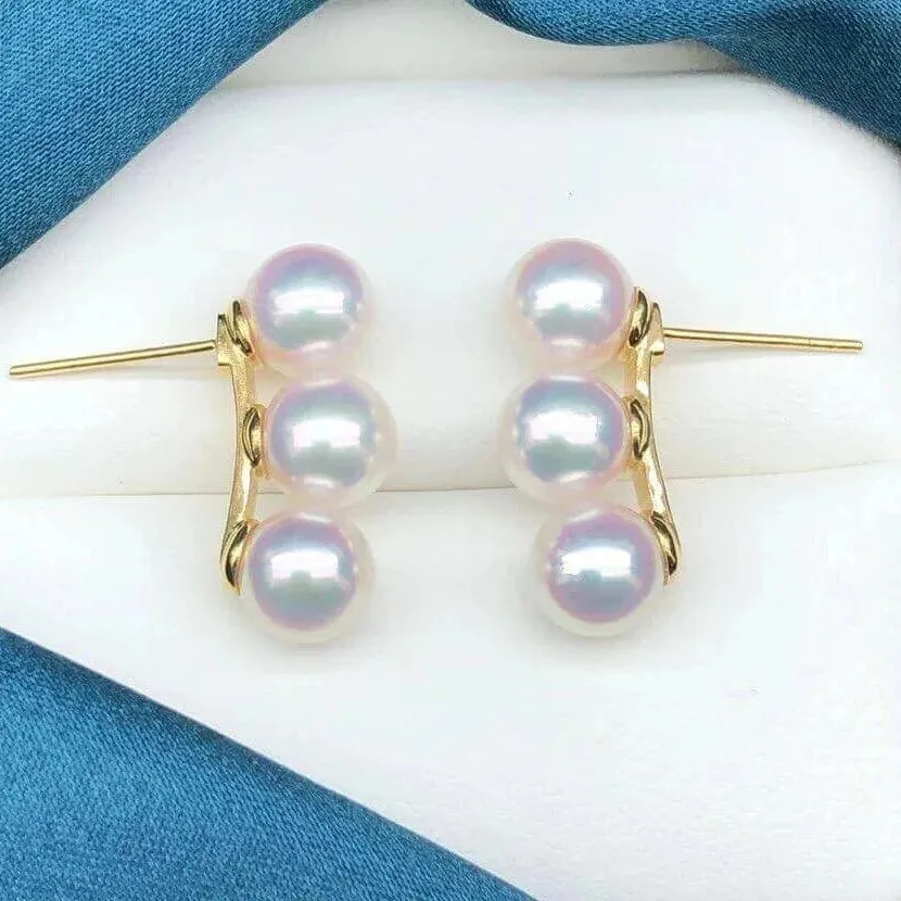 Tri-Pearl 7.5-8.0 mm Japanese Akoya Pearl Stud Earrings in 18K Gold