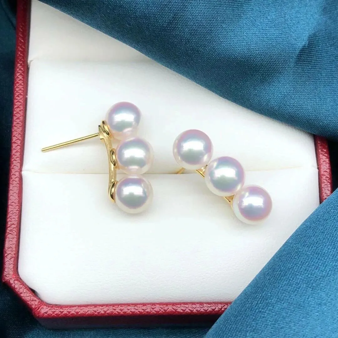 Tri-Pearl 7.5-8.0 mm Japanese Akoya Pearl Stud Earrings in 18K Gold